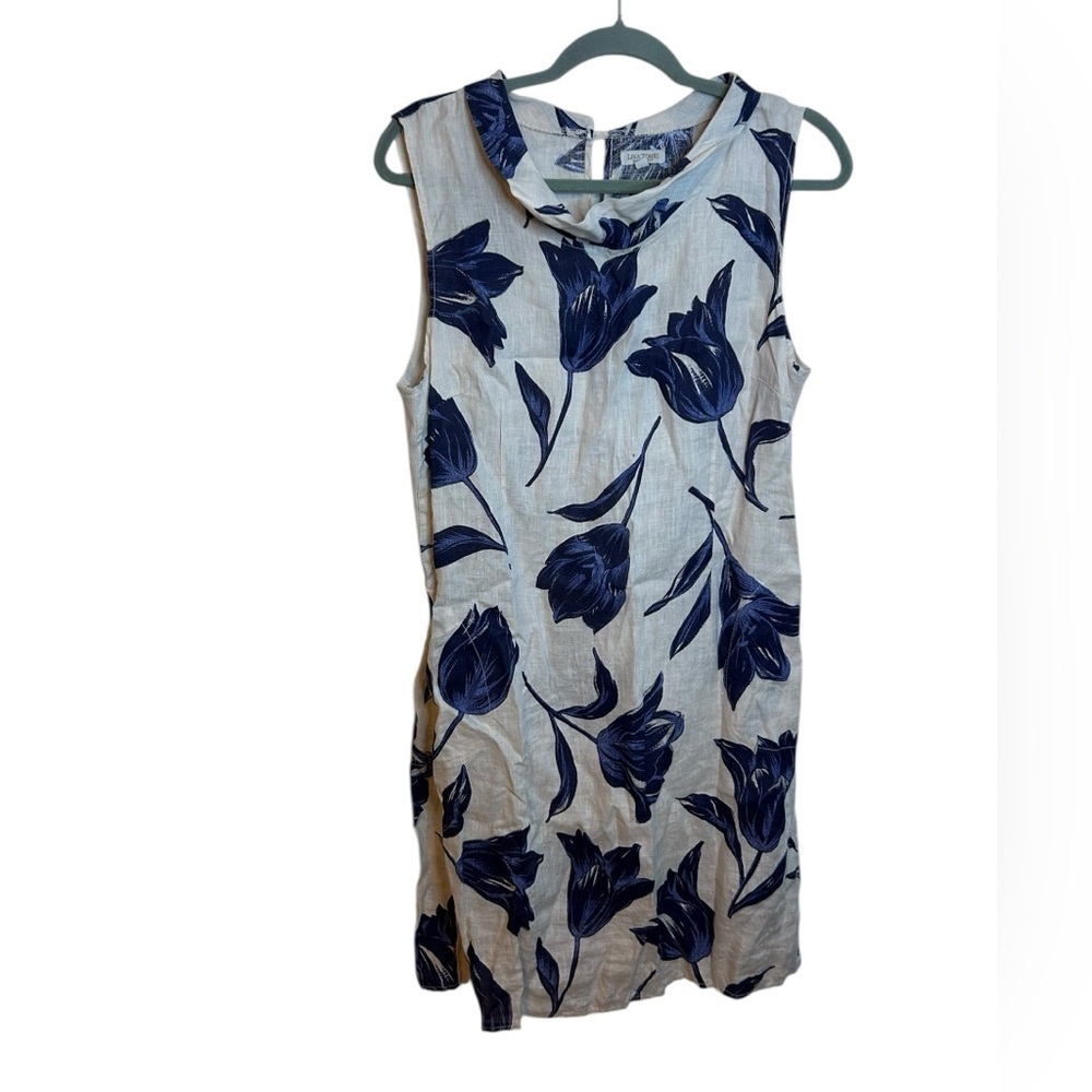 Lina Tomei Cream and Navy Blue Floral Linen Summer Dress